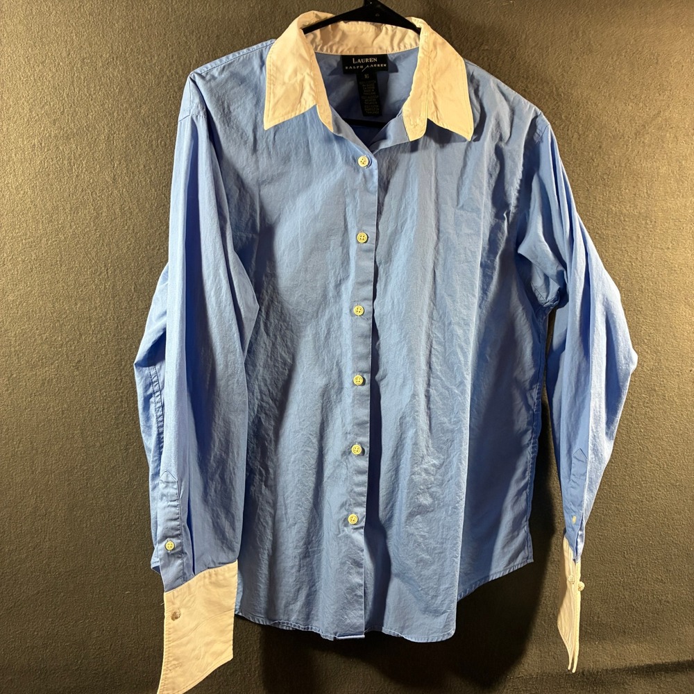 Ralph Lauren women cotton top 16 Button Blue Contrast Collar minimalist